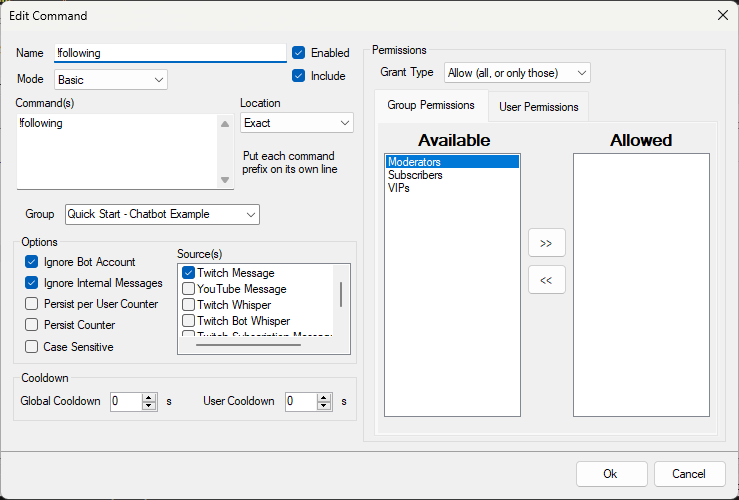Commands Configuration Dialog