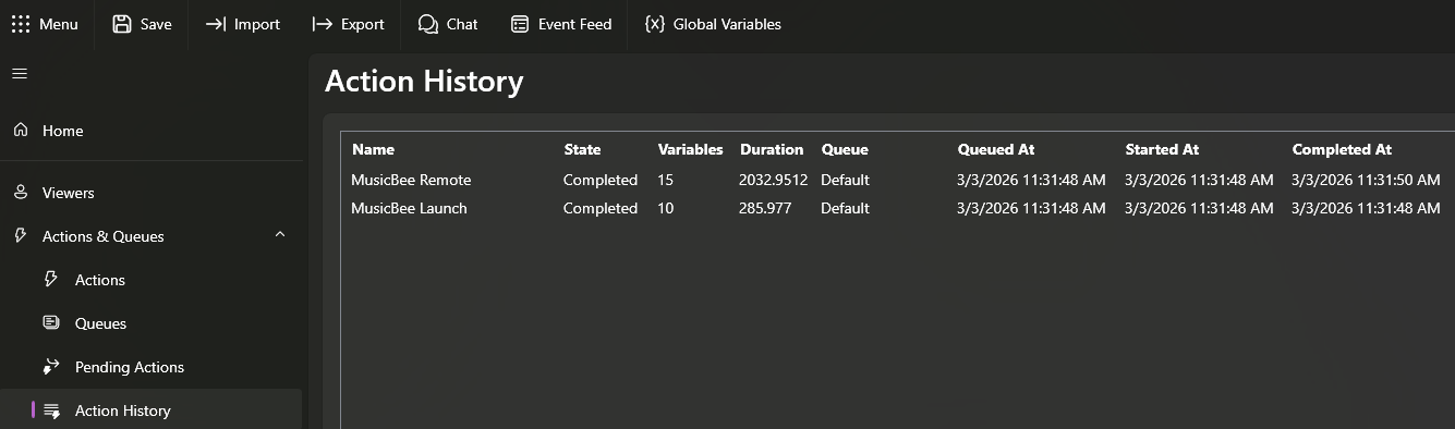 Action Queues > Action History View