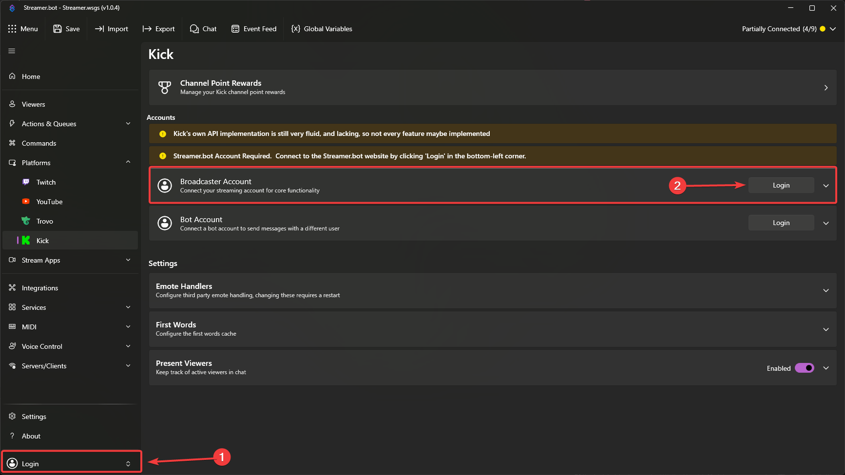 Streamer.bot Kick Account Setup