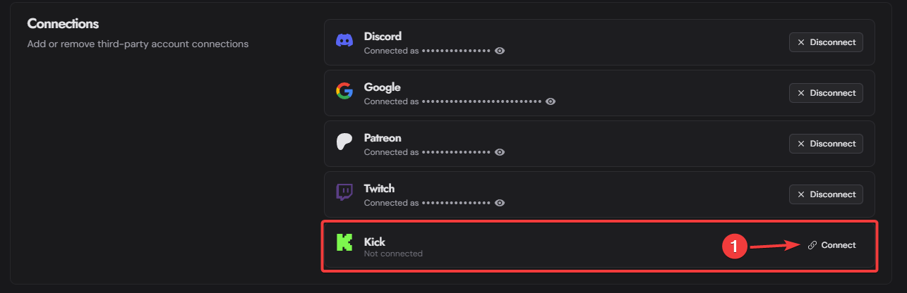 Connect your account to Kick