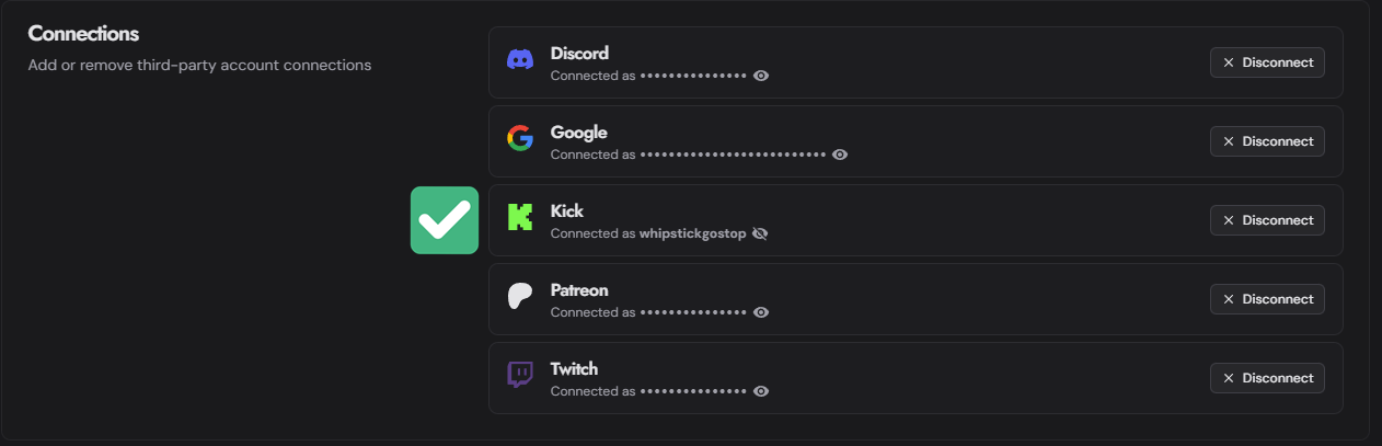 Kick Account Connected