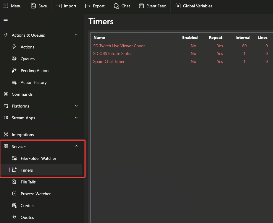 Services > Timers View
